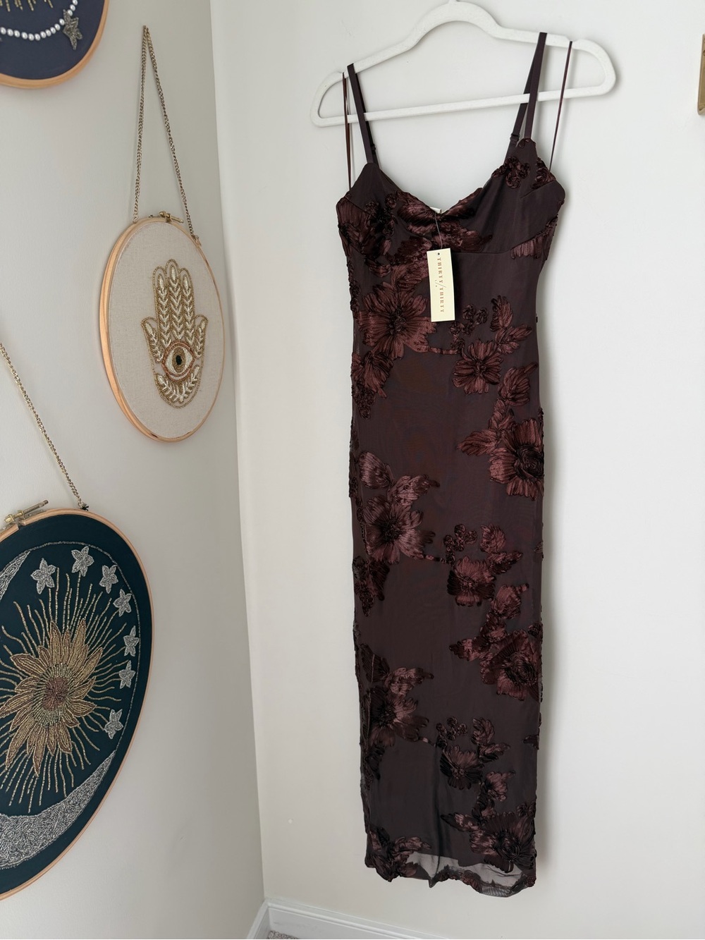 Dark Brown Floral spaghetti strap Maxi Slip Dress